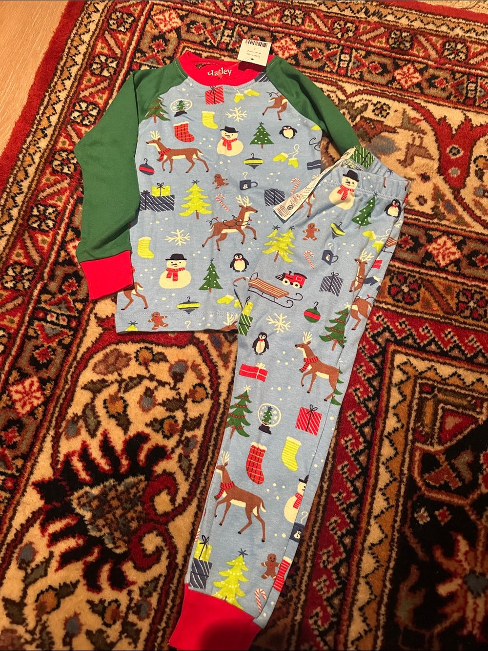 Hatley Blue Holiday Pajama Set with Green Sleeves & Red Cuffs